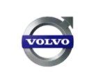 Volvo logo: Silver circle with upward arrow, blue bar with