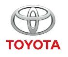 Toyota logo with silver emblem and red text.