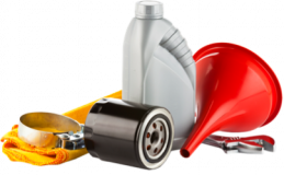Oil change supplies: oil bottle, filter, funnel, cloth, and wrench.