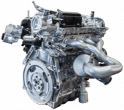 Silver internal combustion engine with curved exhaust manifolds.
