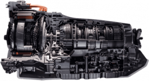 Cutaway view of a hybrid car transmission, showing gears, electric motor, and internal components.