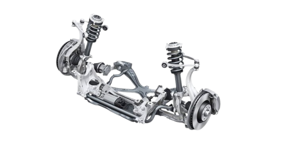 Car suspension system, showing shocks, springs, and various mechanical linkages.