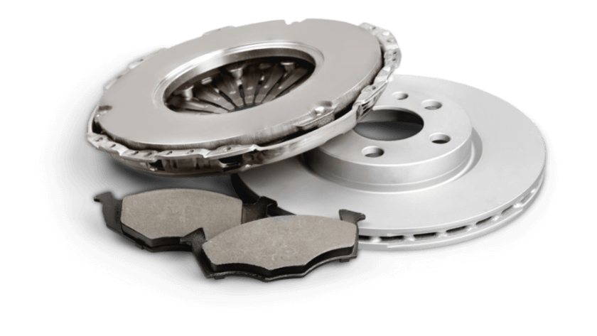 Car parts: clutch, brake rotor, and brake pads.