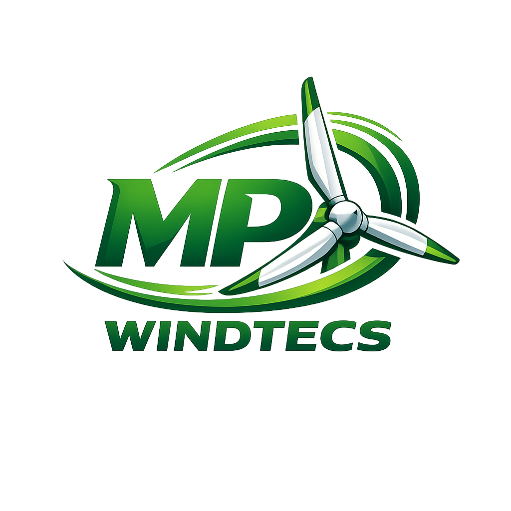 Green MP Windtecs logo with a white wind turbine and swooshing lines