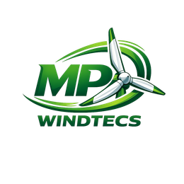Green MP Windtecs logo with a white wind turbine and swooshing lines