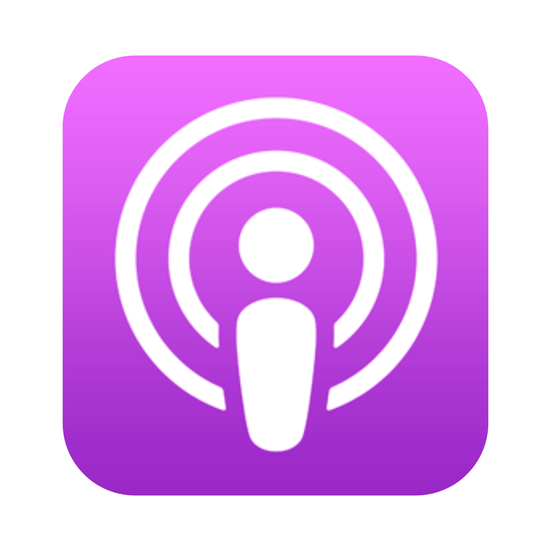 Apple Podcasts app icon featuring a white microphone and radio wave symbol on a purple gradient background.