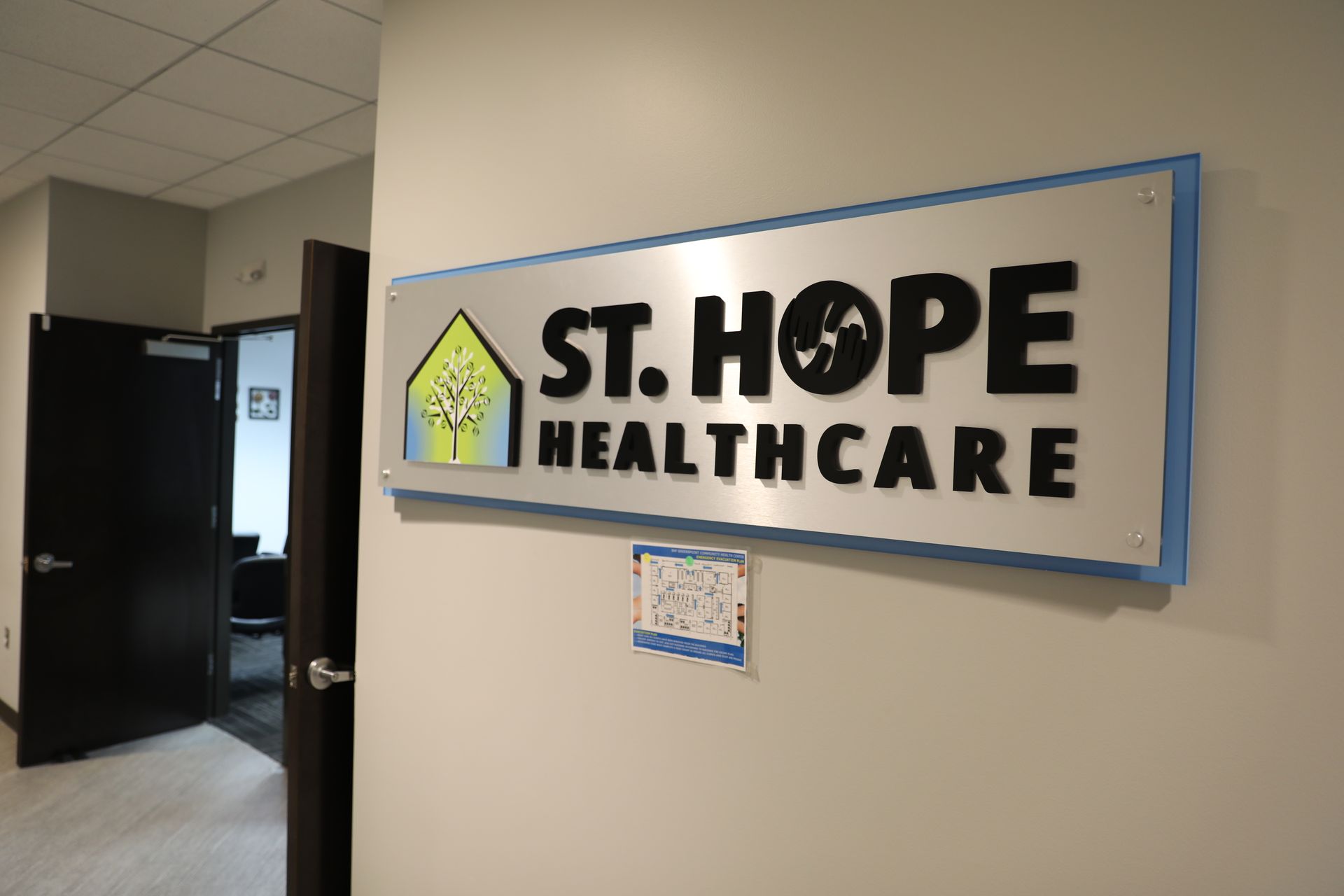 A wall sign reads 