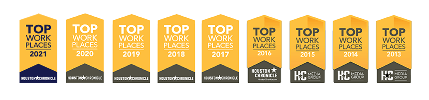 A row of nine yellow Top Workplaces award badges from 2013 to 2021, each featuring a company logo at the bottom.