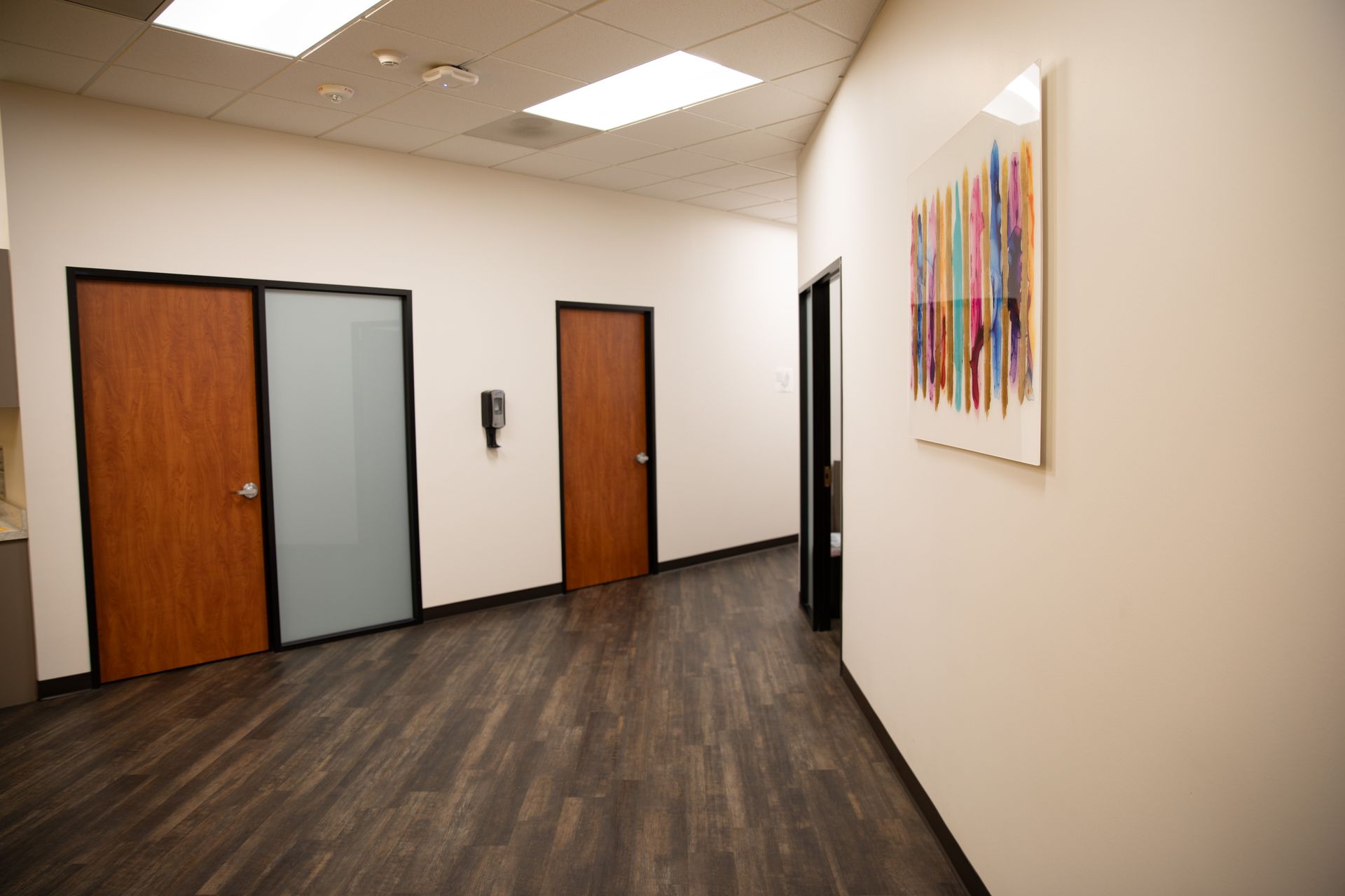 A hallway with wood-grain floors, two wood doors, a frosted glass pane, and a colorful abstract art piece on the wall.