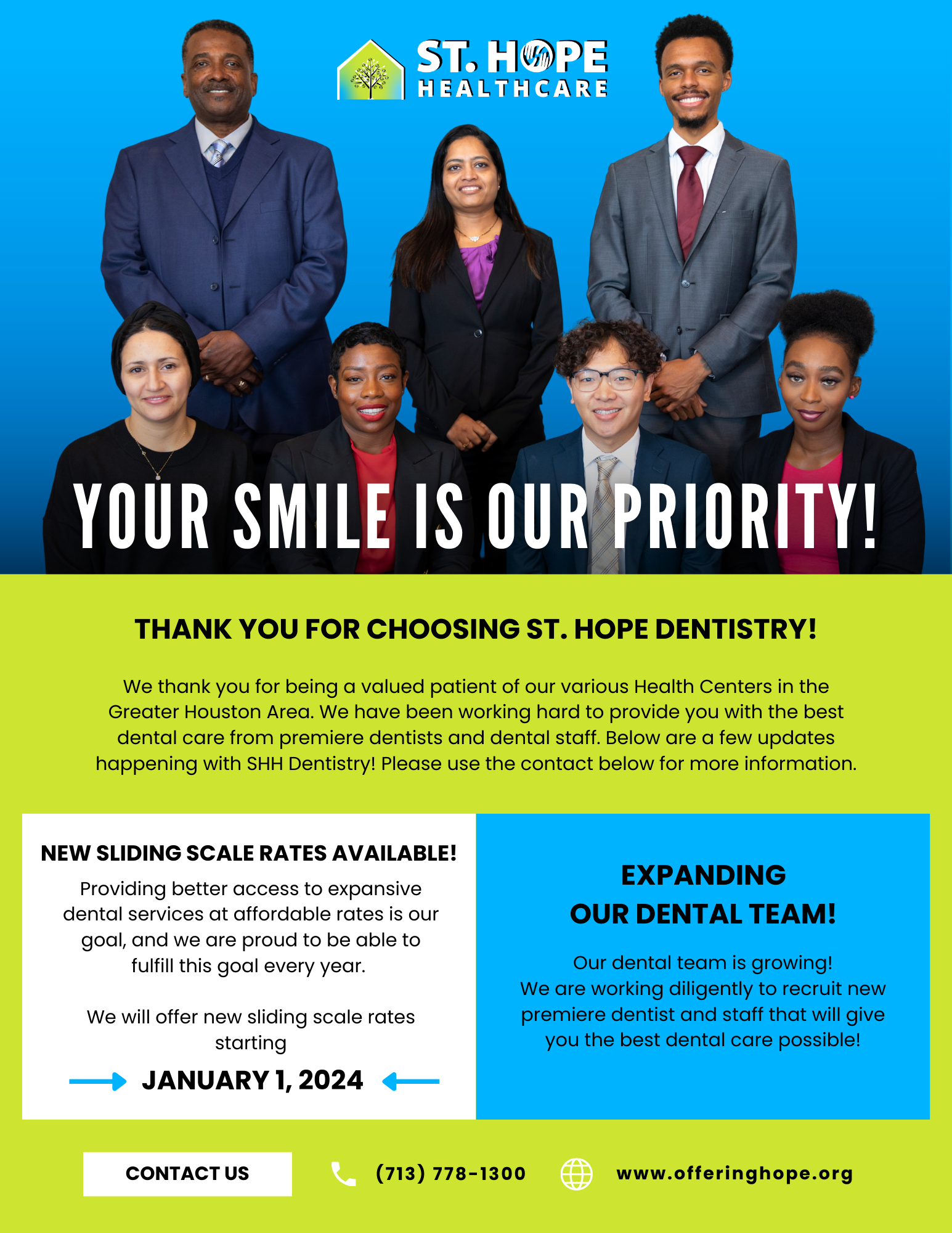 St. Hope Healthcare advertisement featuring a group of professionals and details about dental services and sliding scale rates.