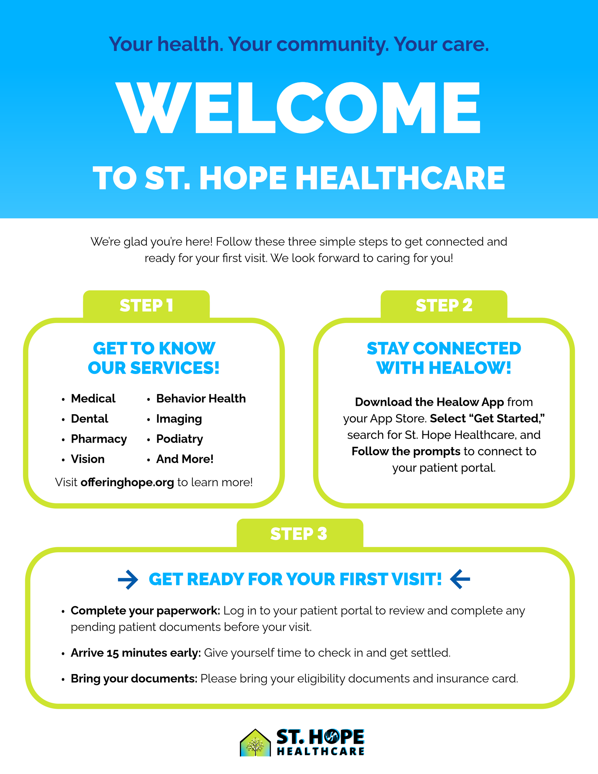 St. Hope Healthcare flyer advertising a free tumbler for completing an annual medical visit and using the Healow app.