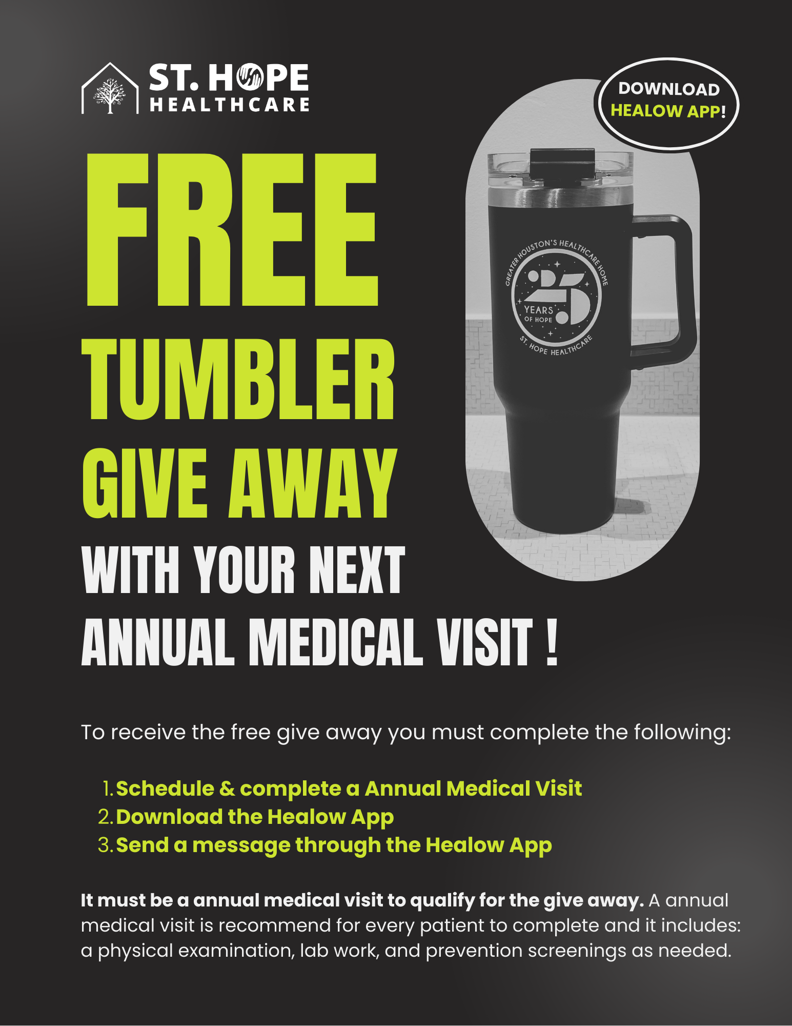 St. Hope Healthcare flyer advertising a free tumbler for completing an annual medical visit and using the Healow app.