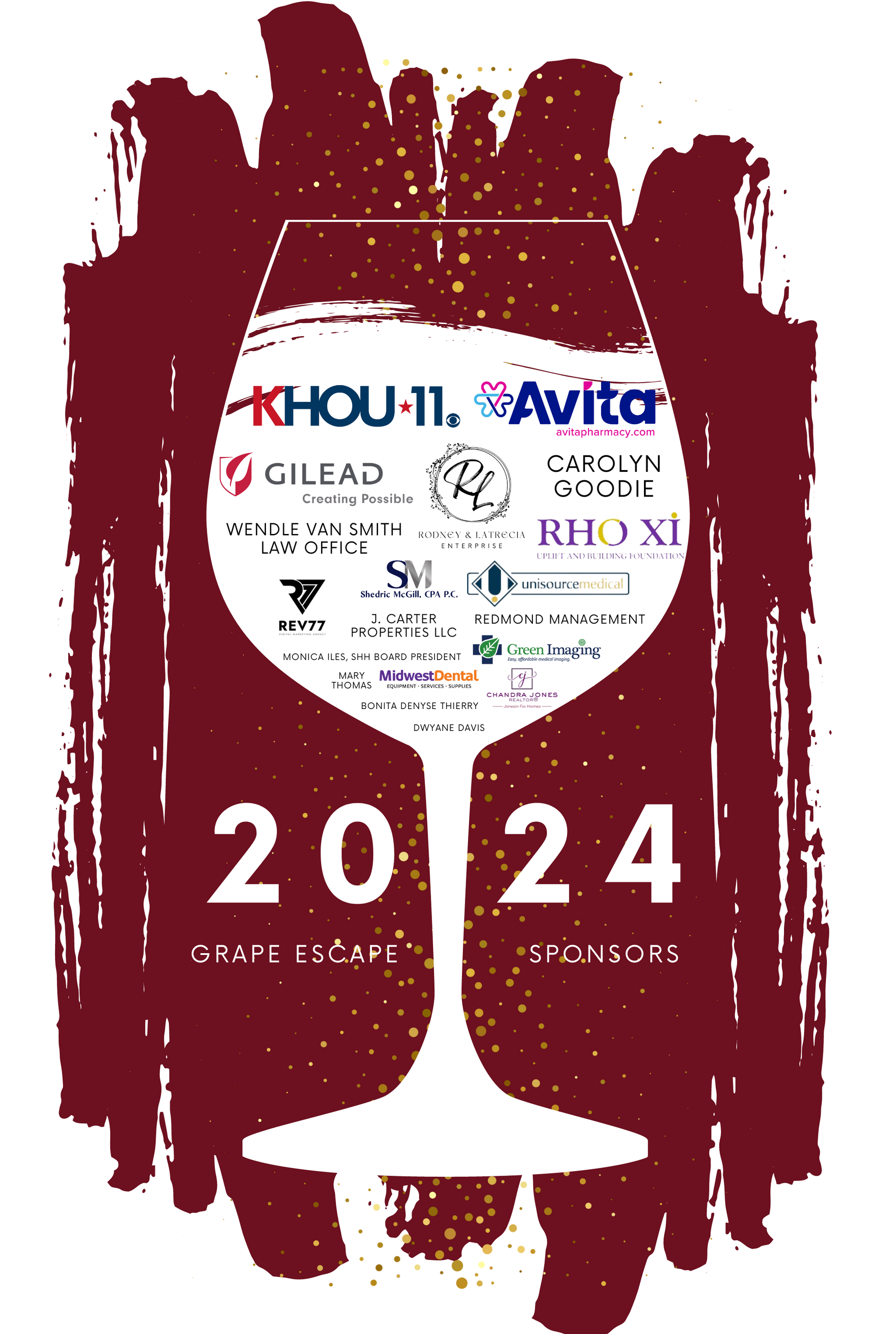 A wine glass outline filled with sponsor logos, over a dark red textured background with