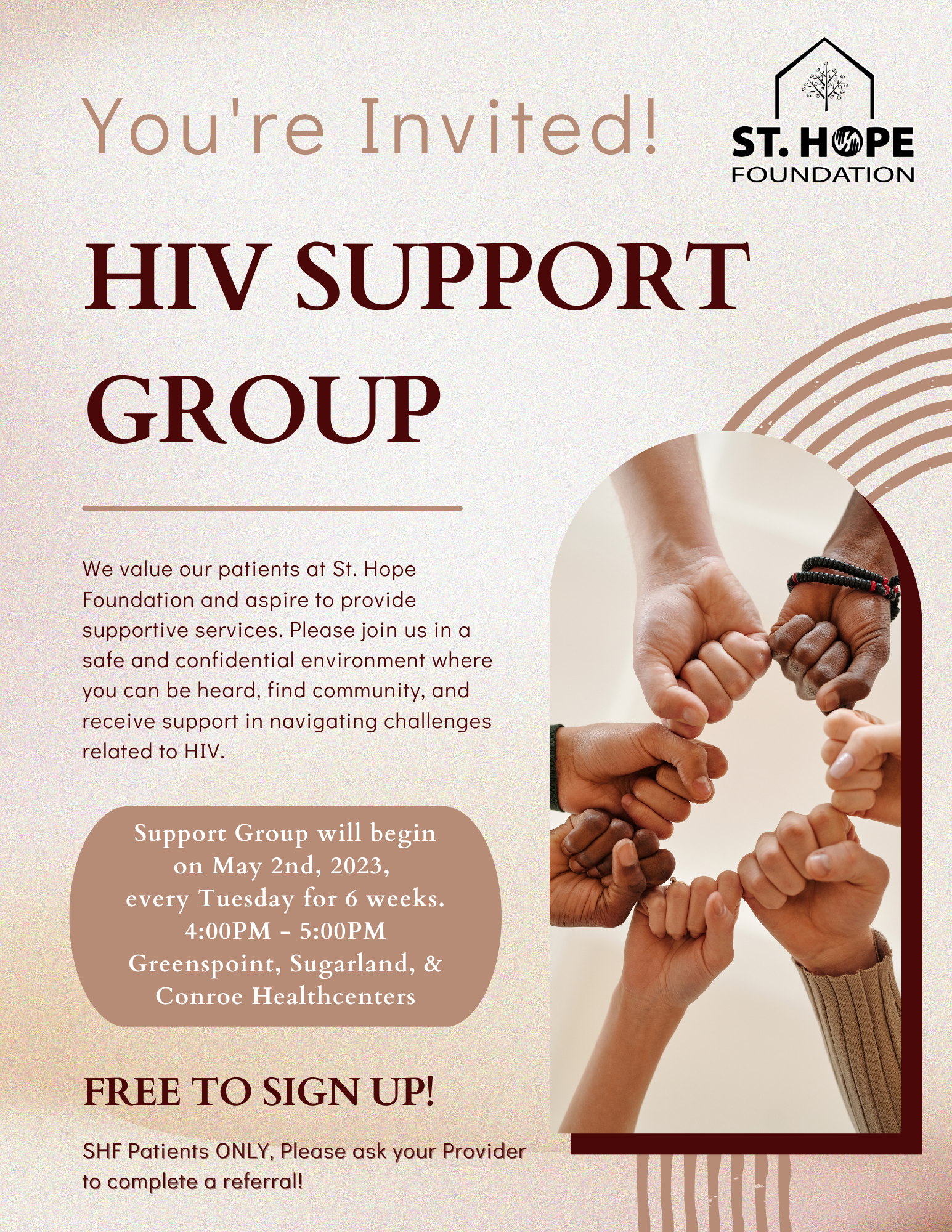 Flyer for St. Hope Foundation HIV Support Group starting May 2nd, featuring a circle of hands and sign-up instructions.