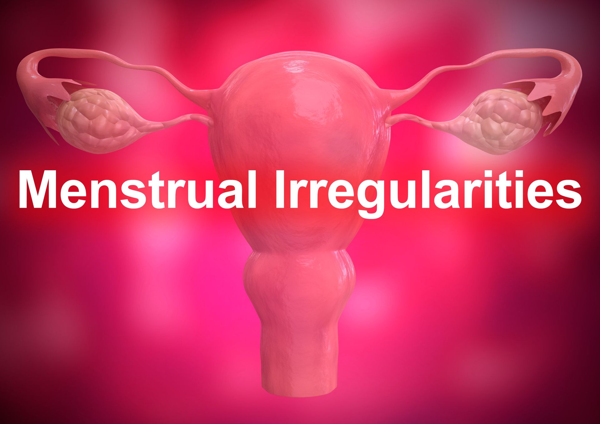 A 3D illustration of a uterus and ovaries on a pink background with the text