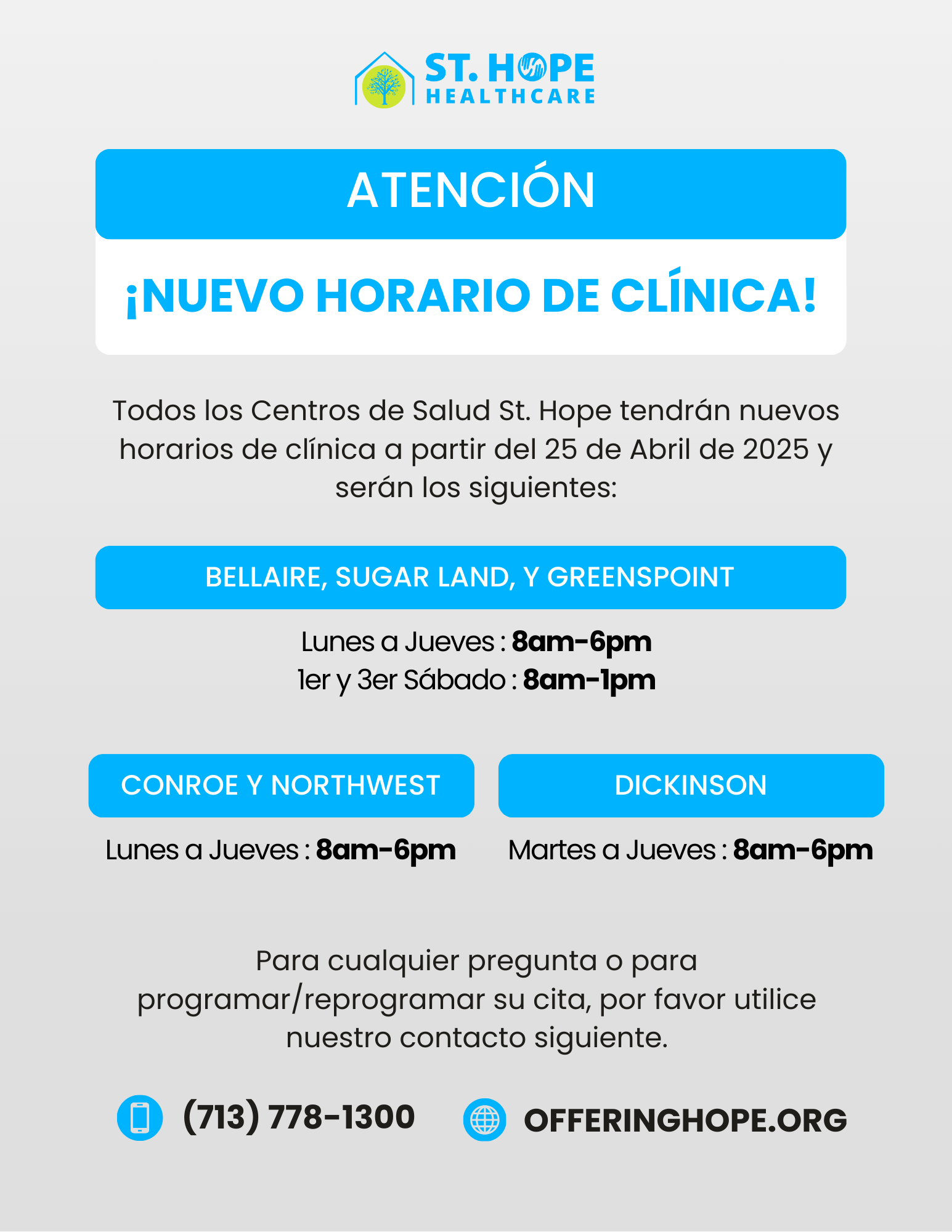 St. Hope Healthcare announcement of new clinic hours effective April 25, 2022, for various locations, phone, and website.