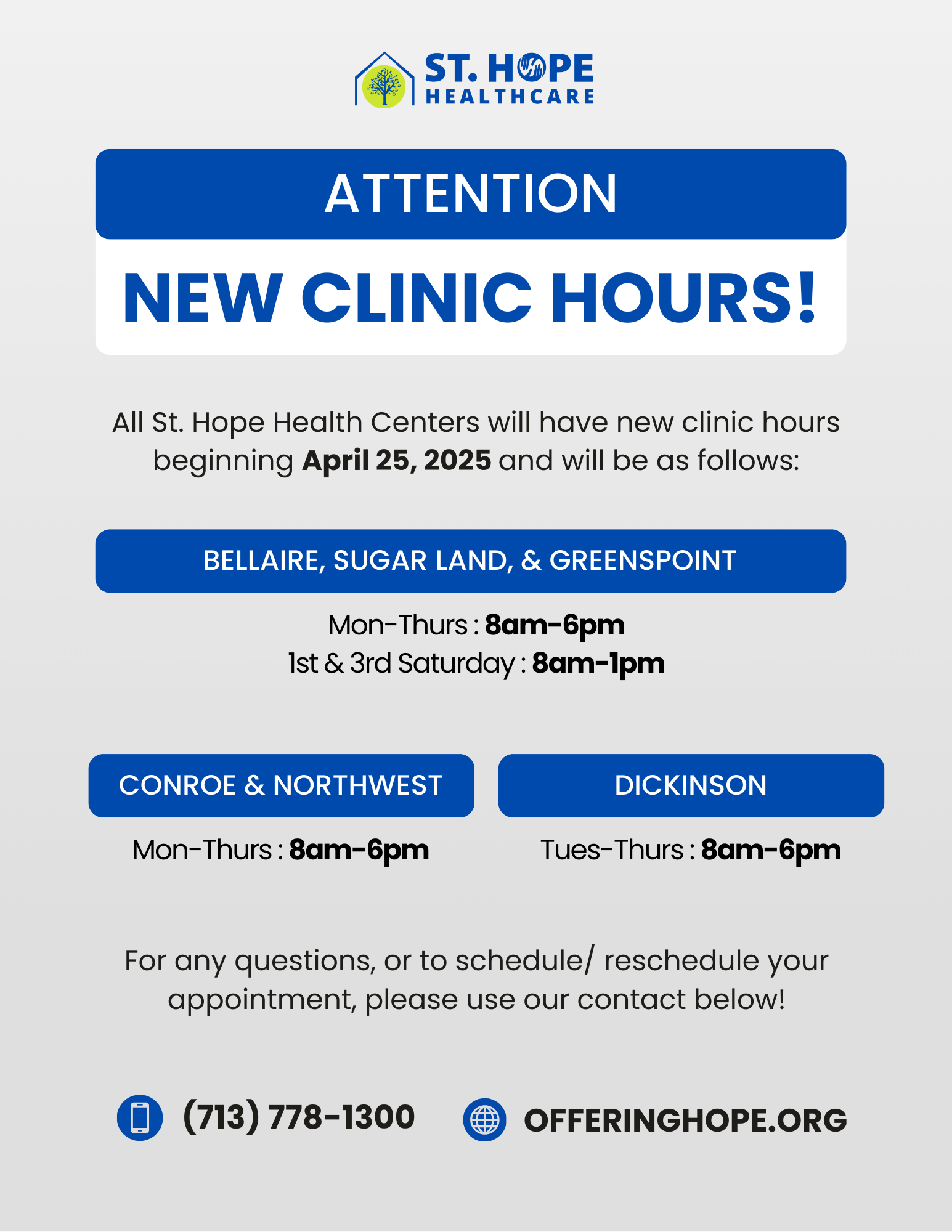 St. Hope Healthcare flyer announcing new clinic hours effective April 25, 2026, for various locations with contact info.