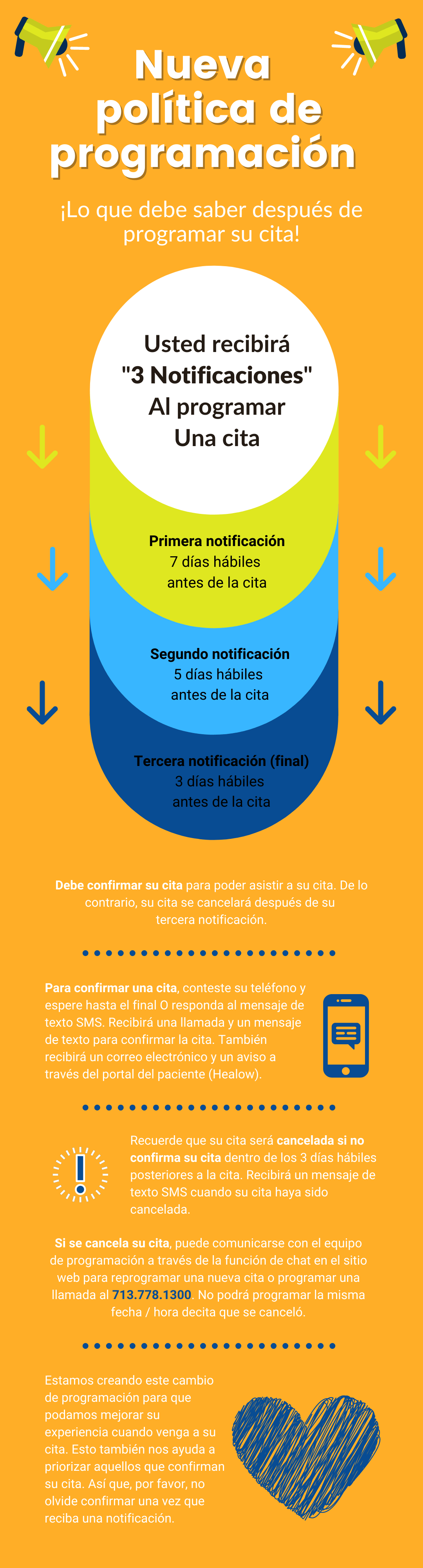 An orange vertical flyer outlines a new programming policy, featuring a blue and yellow graphic and text on service updates.