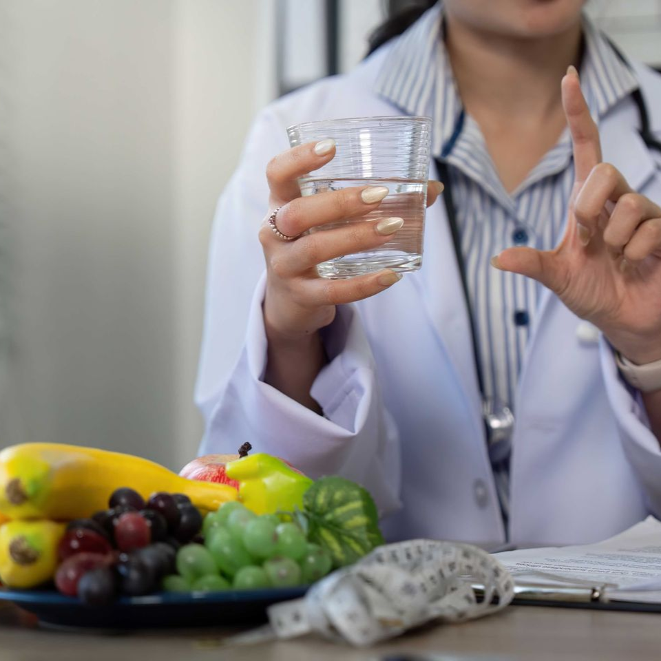 A medical professional in a white coat gestures while holding a glass of water, with fresh fruit on a desk in the foreground.