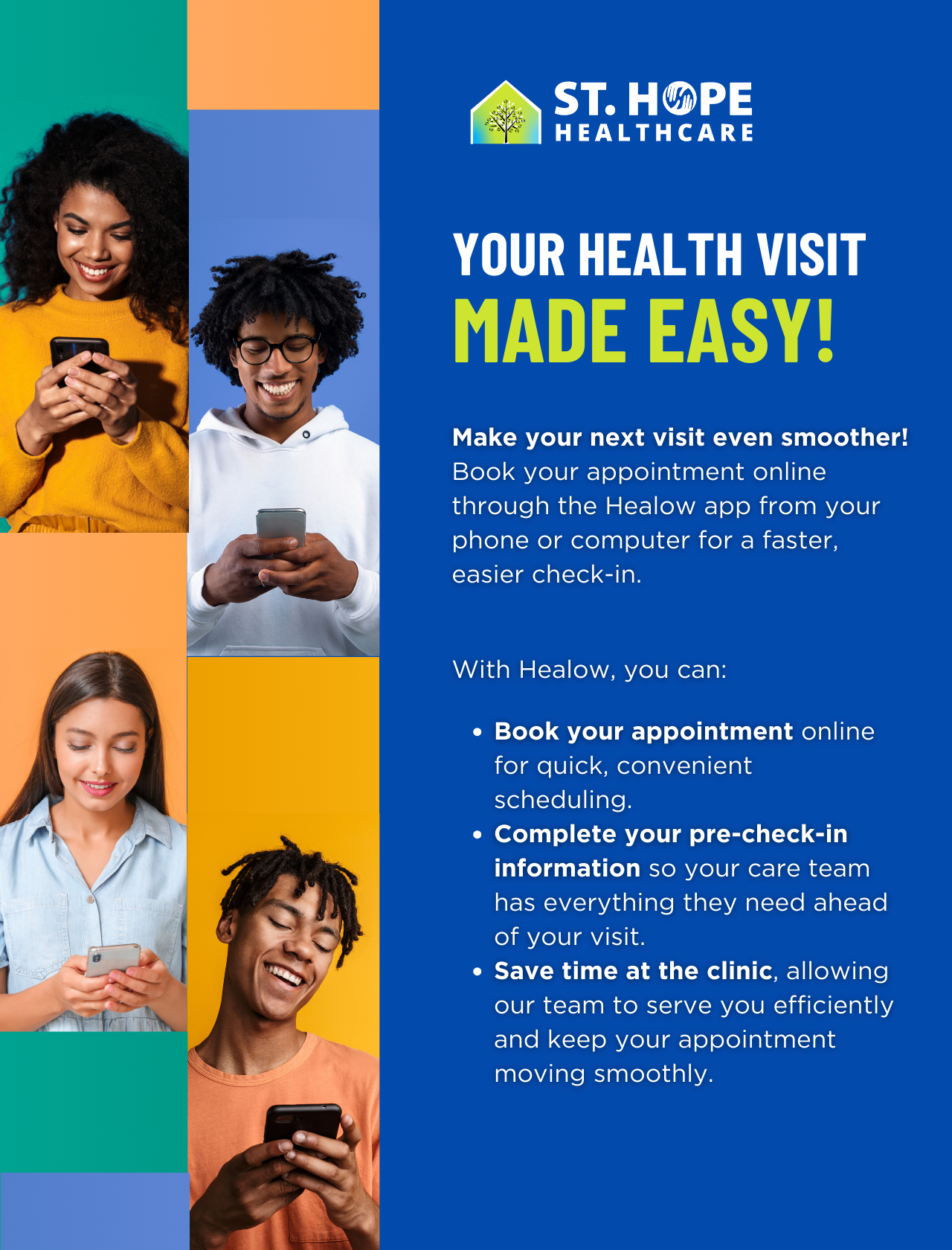 An ad for St. Hope Healthcare shows four people using smartphones, explaining how to book appointments via the Healow app.