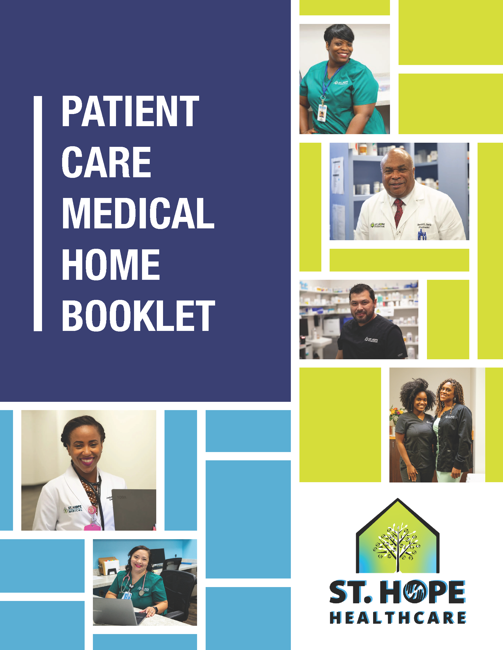 Cover of a St. Hope Healthcare patient booklet featuring diverse medical staff photos, blue and lime green accents.