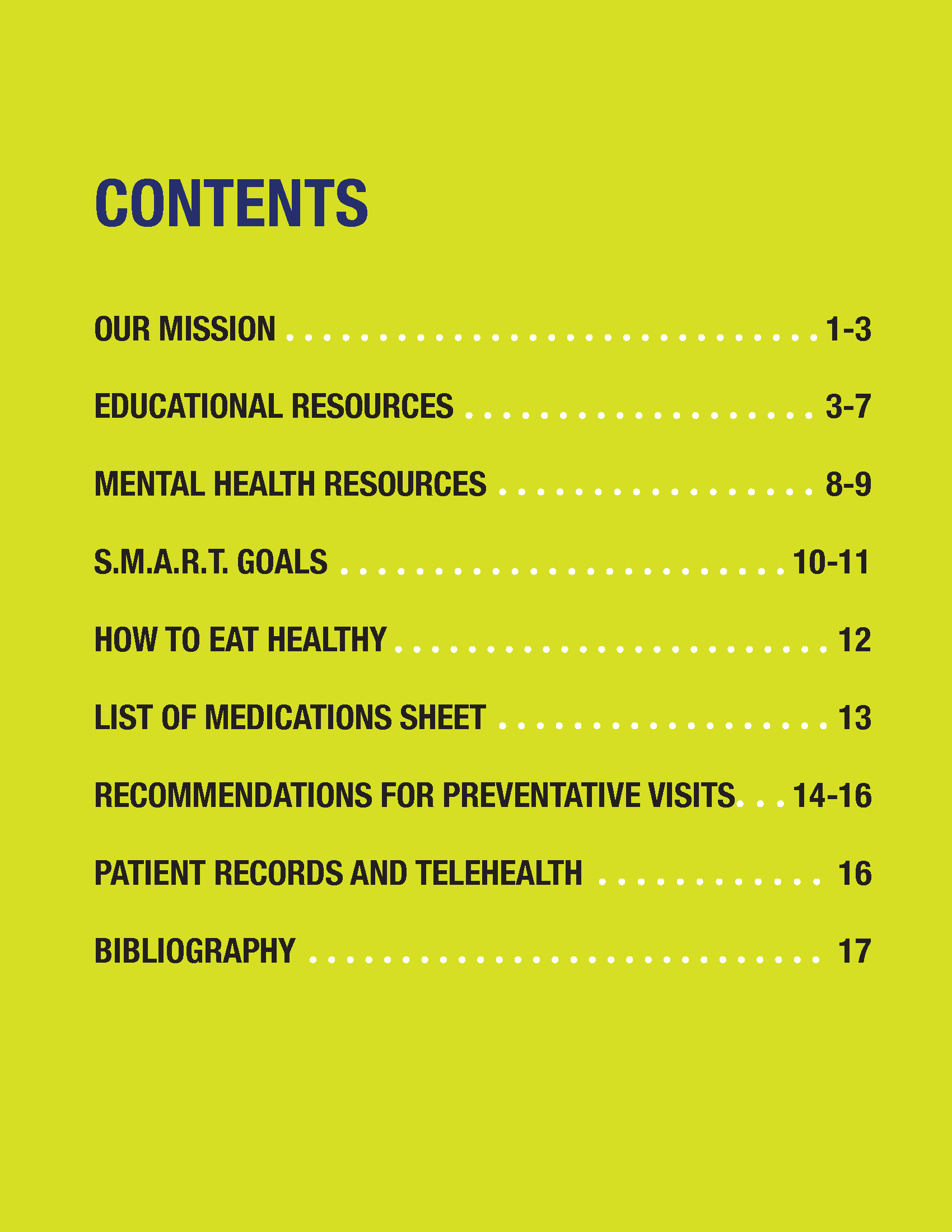 Contents page on a lime green background listing sections from Our Mission to Bibliography with their page numbers.