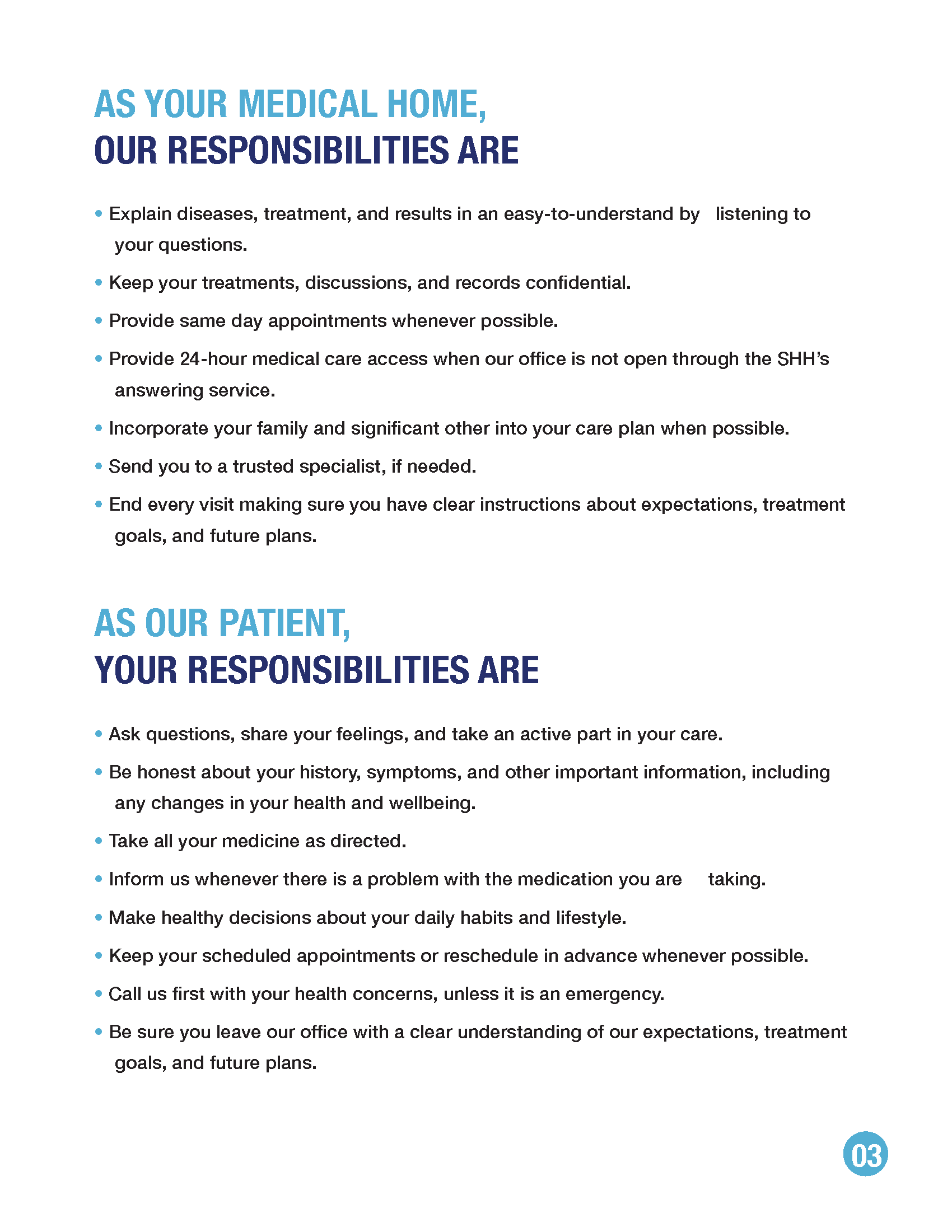 A document listing the responsibilities of the medical home provider and the patient.
