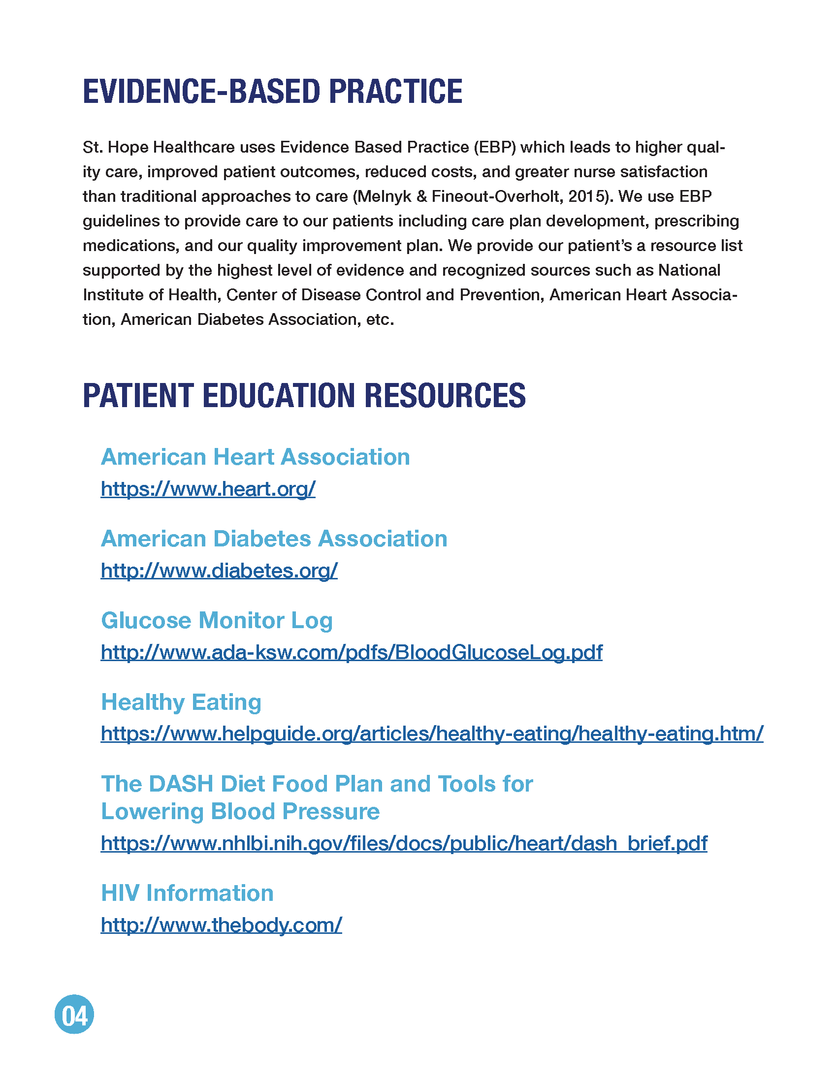 A page titled Evidence-Based Practice and Patient Education Resources, featuring a list of health-related websites.