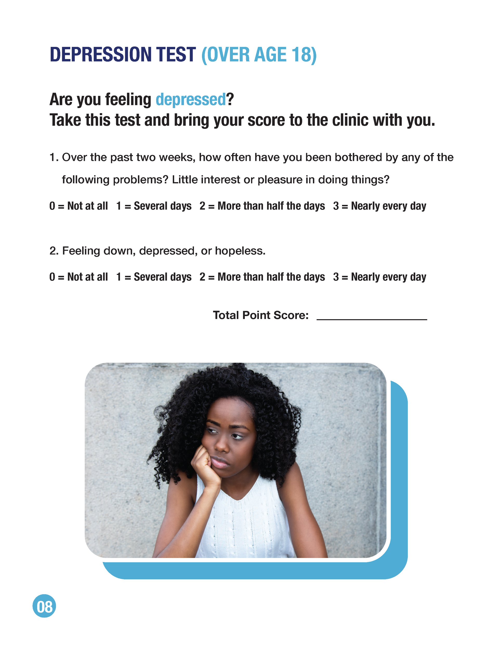 A PHQ-2 depression screening questionnaire for adults, featuring a photo of a person resting their chin on their hand.