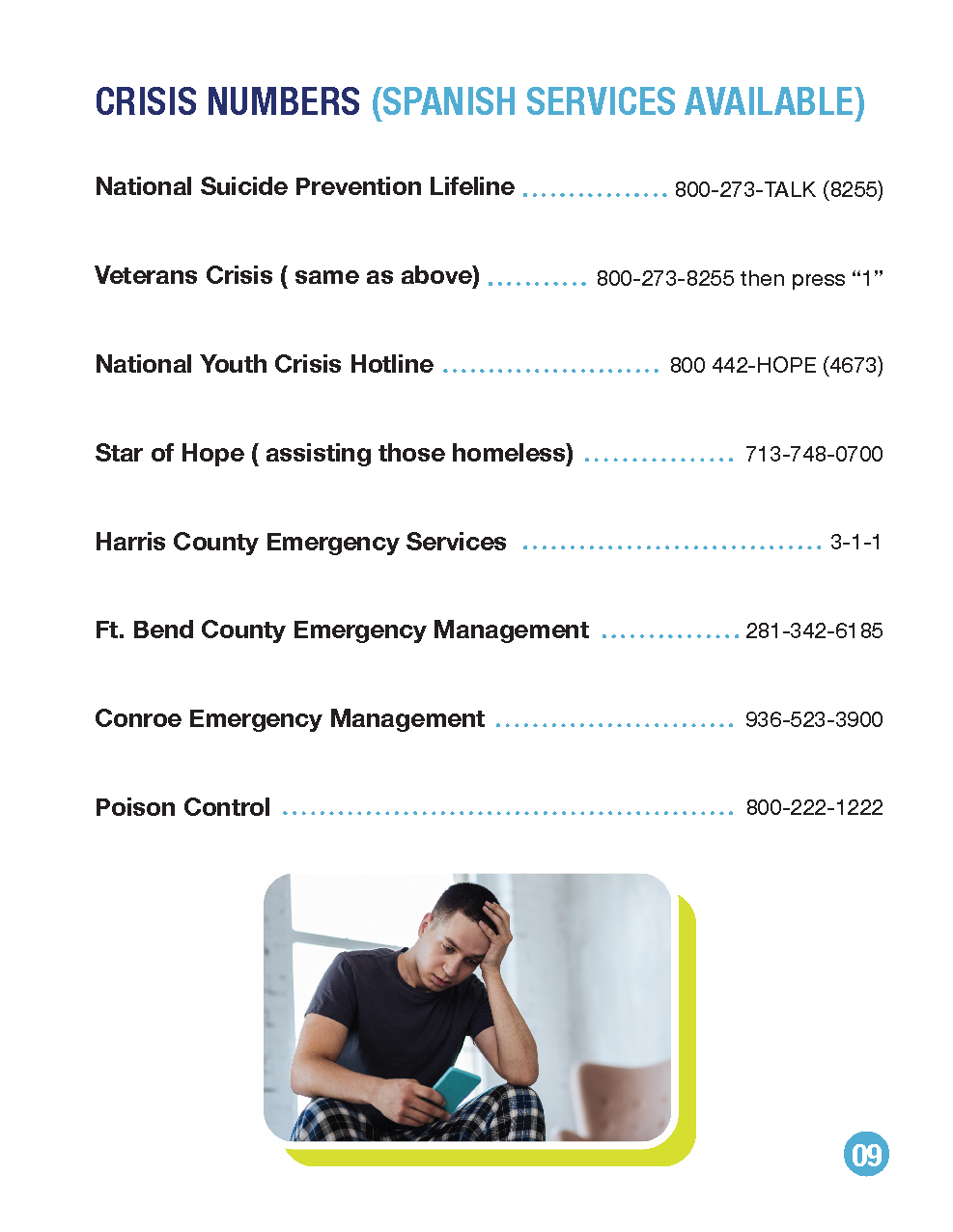 A document listing crisis phone numbers, featuring a photo of a person looking distressed with their hand on their forehead.
