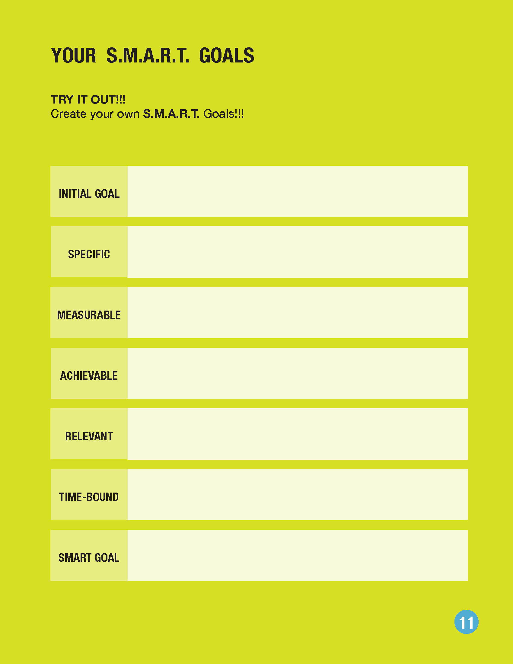 A bright yellow worksheet for S.M.A.R.T. goals, featuring blank lines for defining Specific, Measurable, Achievable, Relevant.