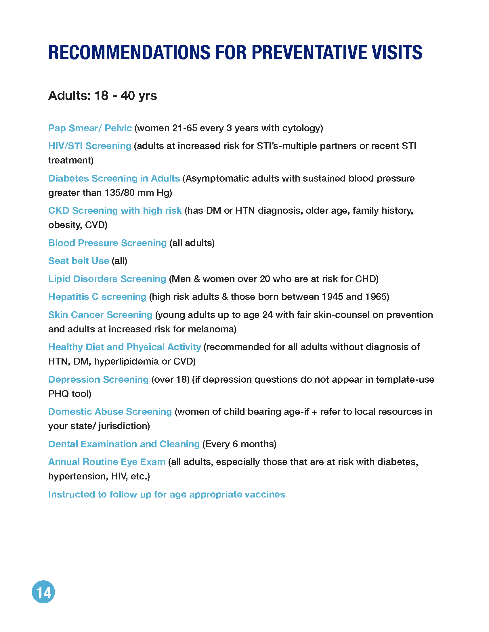 An informational list of medical preventative visit recommendations for adults aged 18–49 years.
