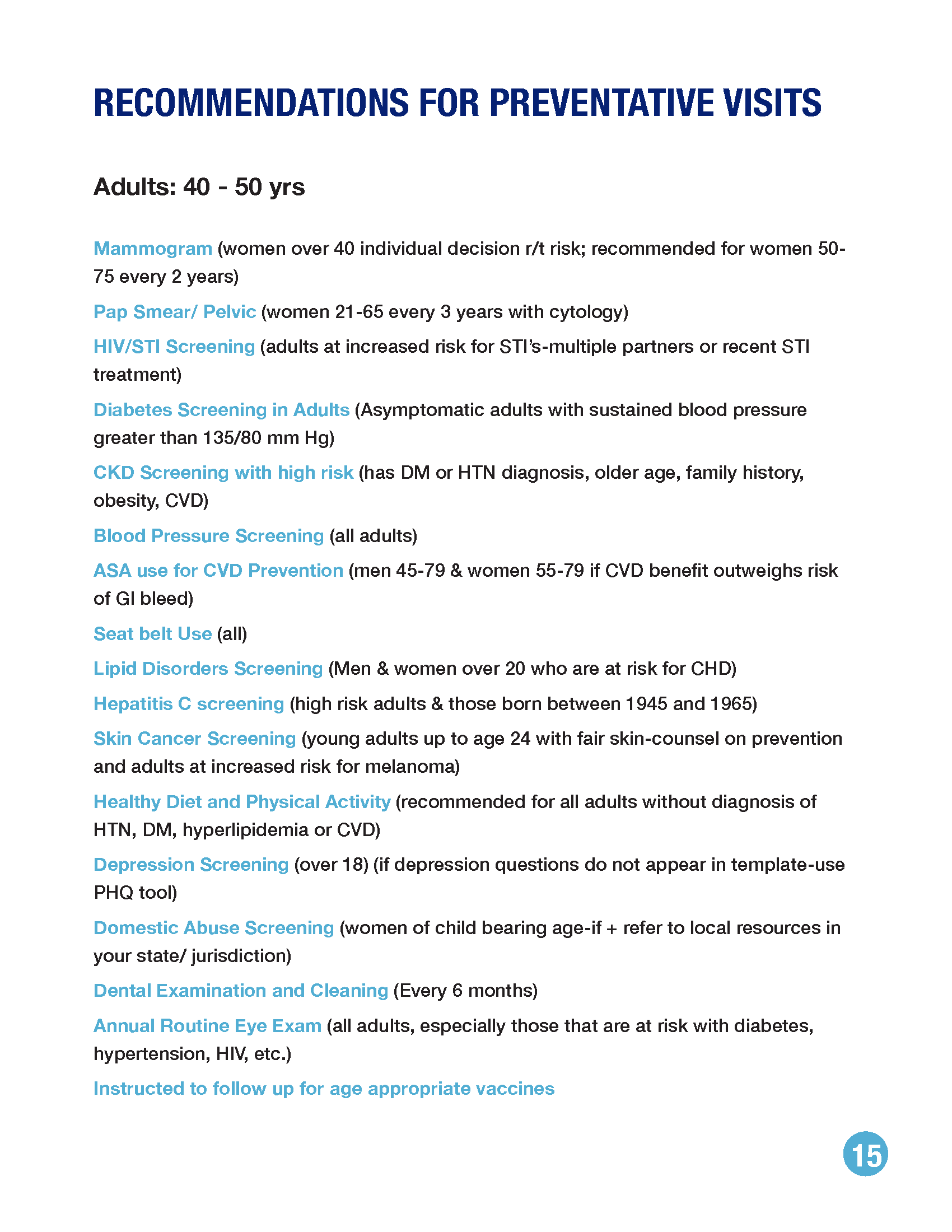 A list of medical preventative visit recommendations for adults, with a page number 15 in the bottom right corner.
