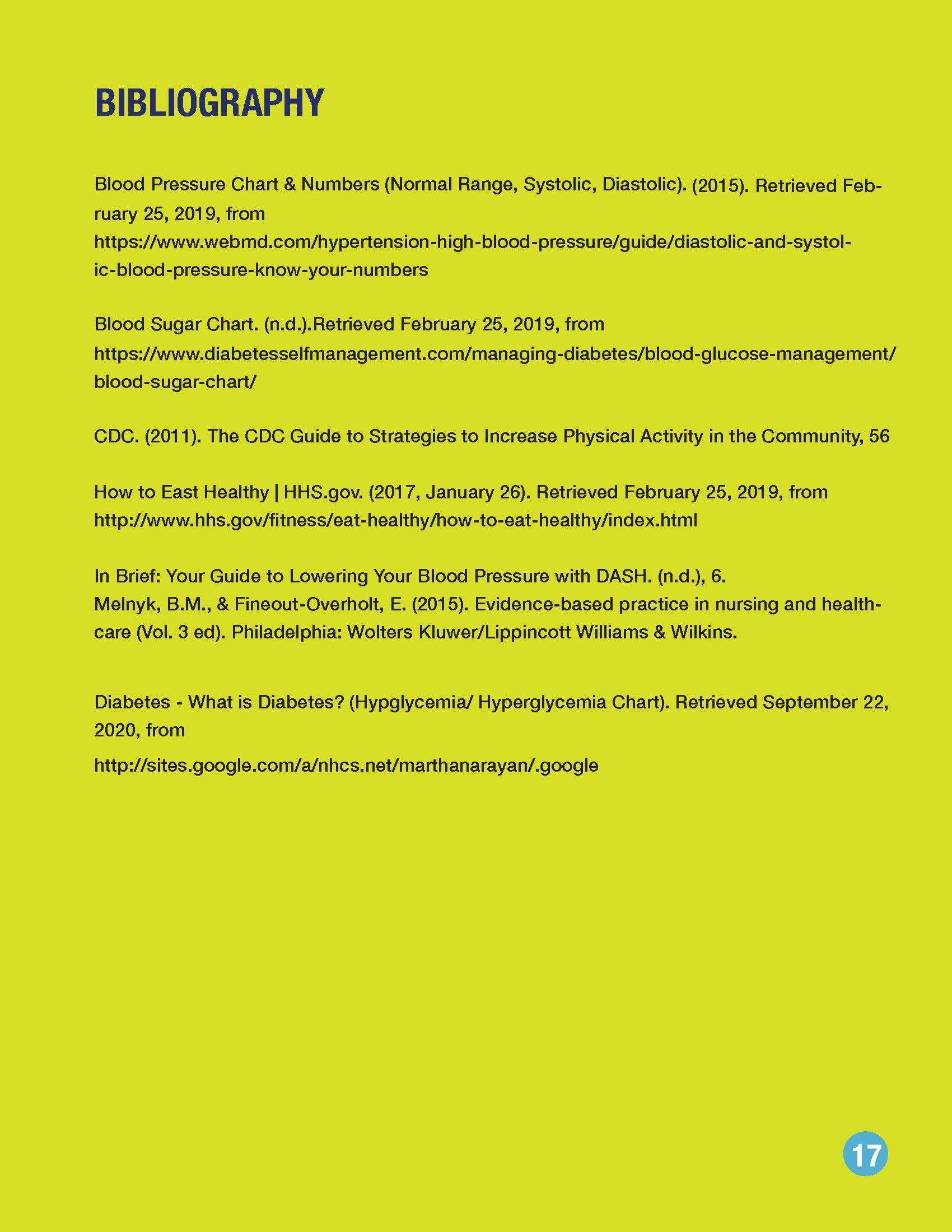 A bibliography list with six citations printed in dark text on a solid lime green background, with a page number 17 below.