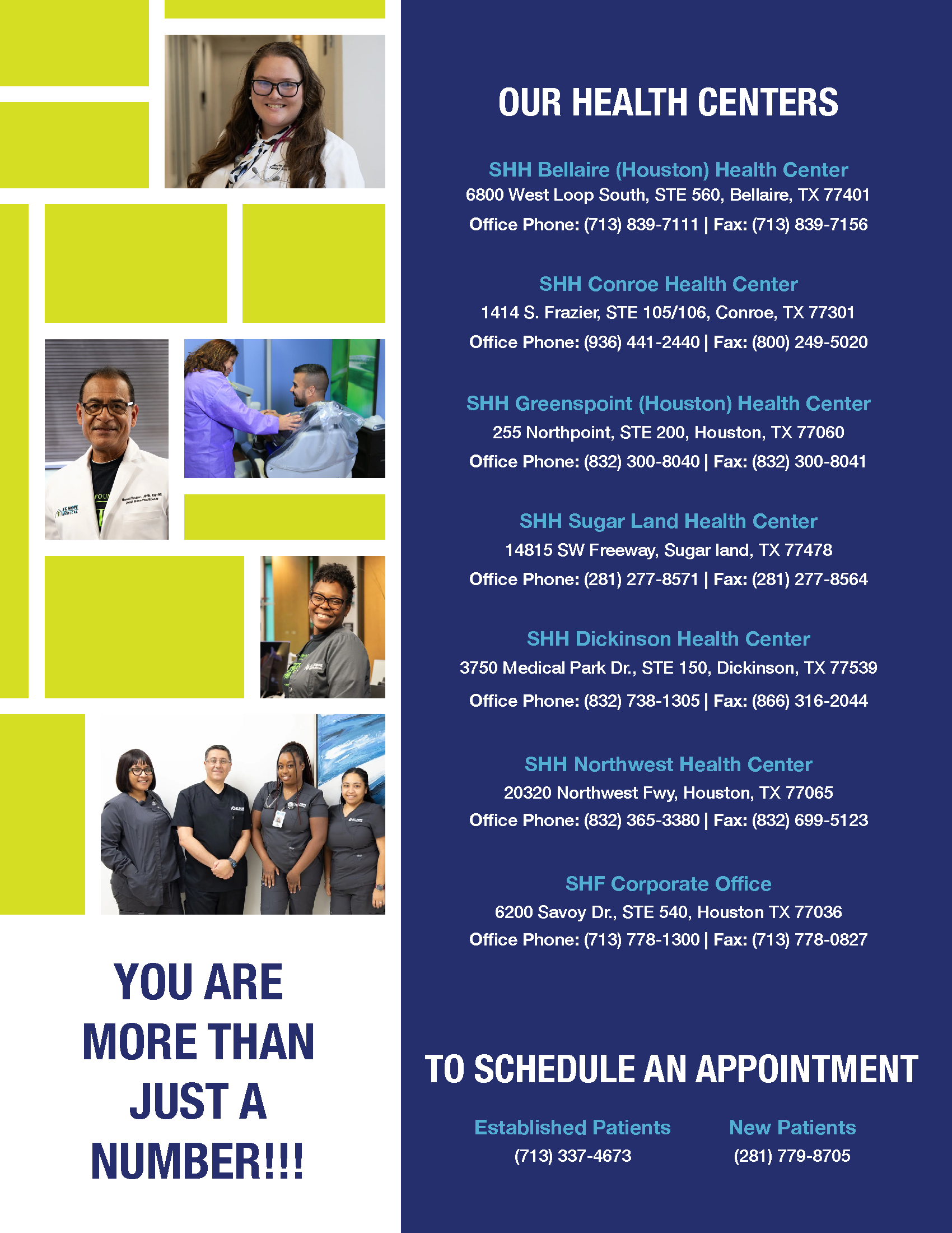 A flyer lists six health center locations, contact information, and appointment scheduling details on a navy blue background.