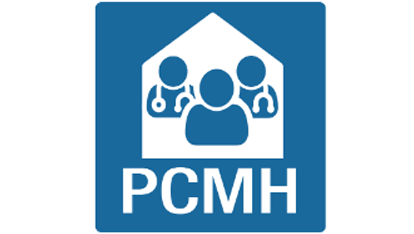 A blue square icon shows a white house silhouette containing three people figures, with two wearing stethoscopes, labeled PCMH.