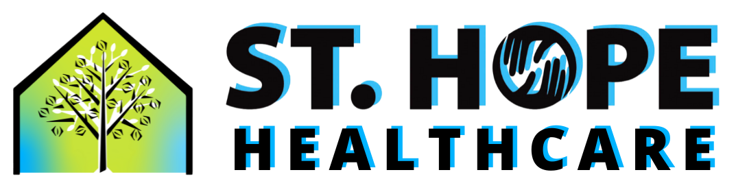 The St. Hope Healthcare logo features a green and blue tree icon beside the text in black with a light blue drop shadow.