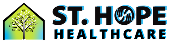 The St. Hope Healthcare logo features a green and blue tree icon beside the text in black with a light blue drop shadow.