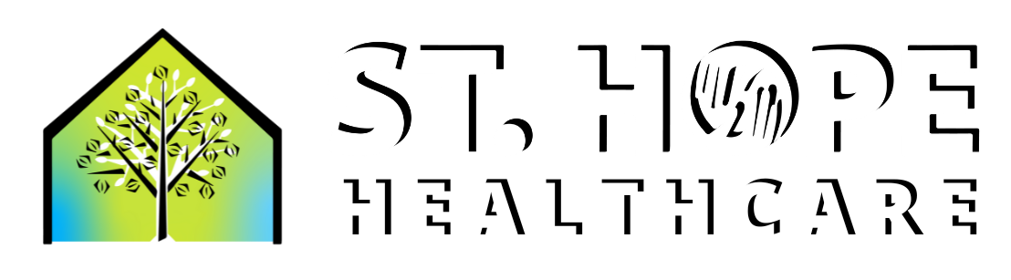 Logo for St. Hope Healthcare featuring a stylized tree inside a green and blue house outline next to the company name.