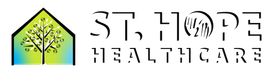 Logo for St. Hope Healthcare featuring a stylized tree inside a green and blue house outline next to the company name.
