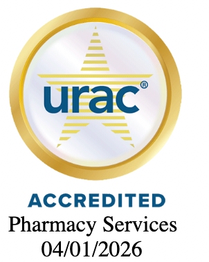 URAC Accredited Pharmacy Services seal with a gold border, yellow star, and blue text, valid until 04/01/2026.