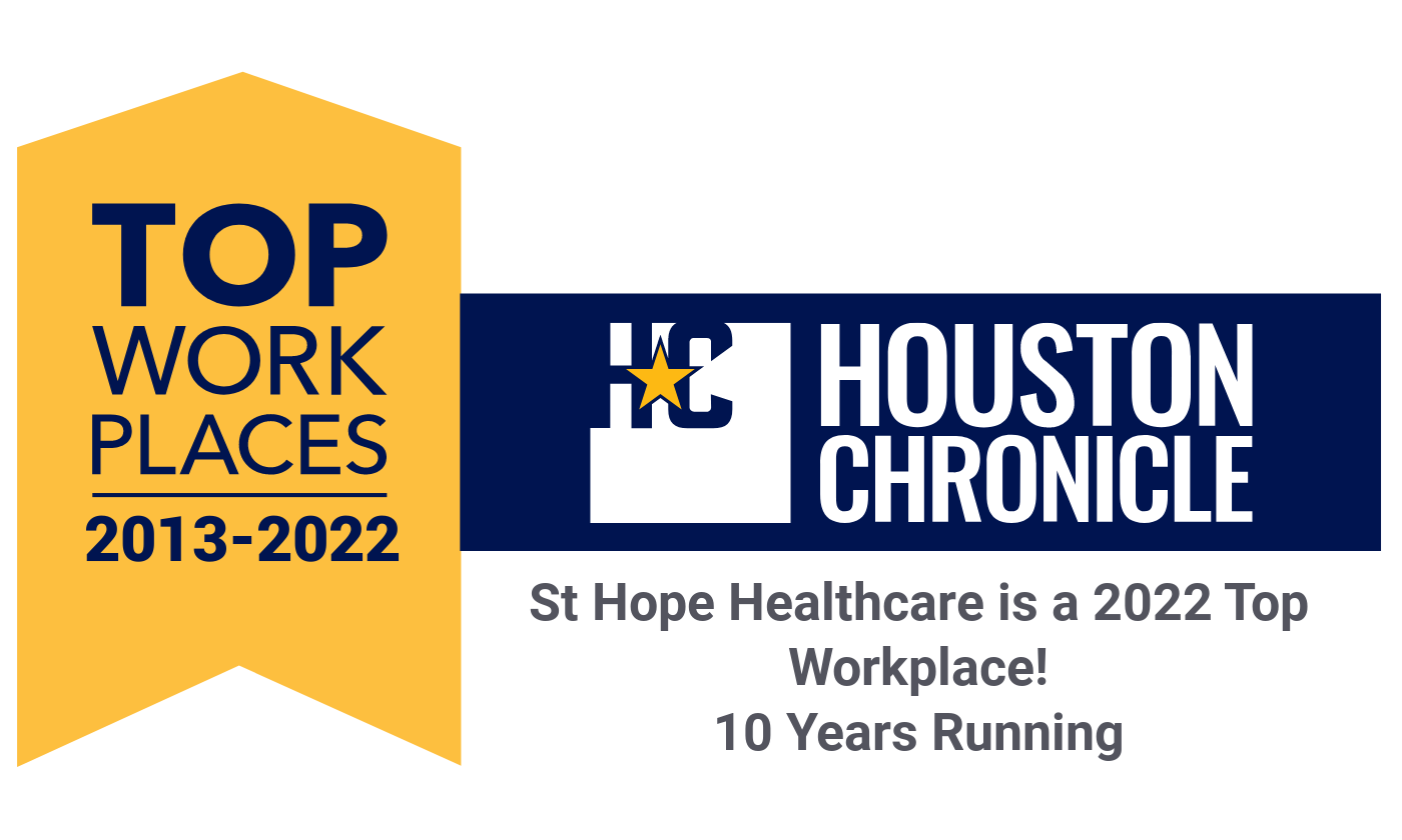 St Hope Healthcare's Houston Chronicle Top Workplace award banner, spanning 2013-2022, noting 10 years as a top employer.