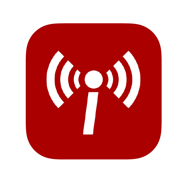 A red app icon featuring a white signal tower symbol with three curved lines representing a broadcast signal.