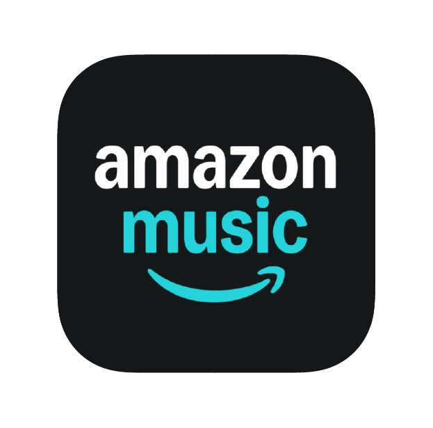 The Amazon Music logo: white text on a black background with a teal smiley arrow below.