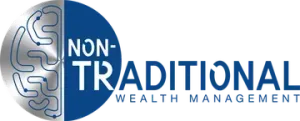 A logo for non-traditional wealth management with a brain in the middle