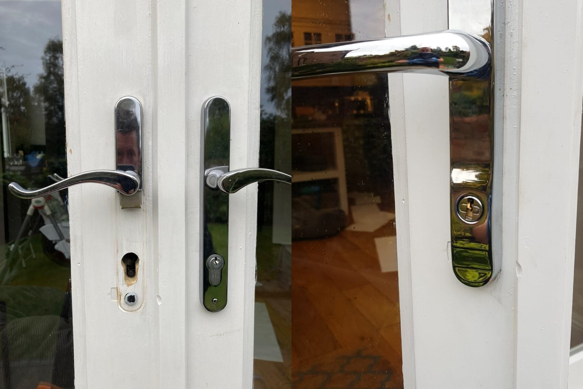 A close up of a door handle on a white door.
