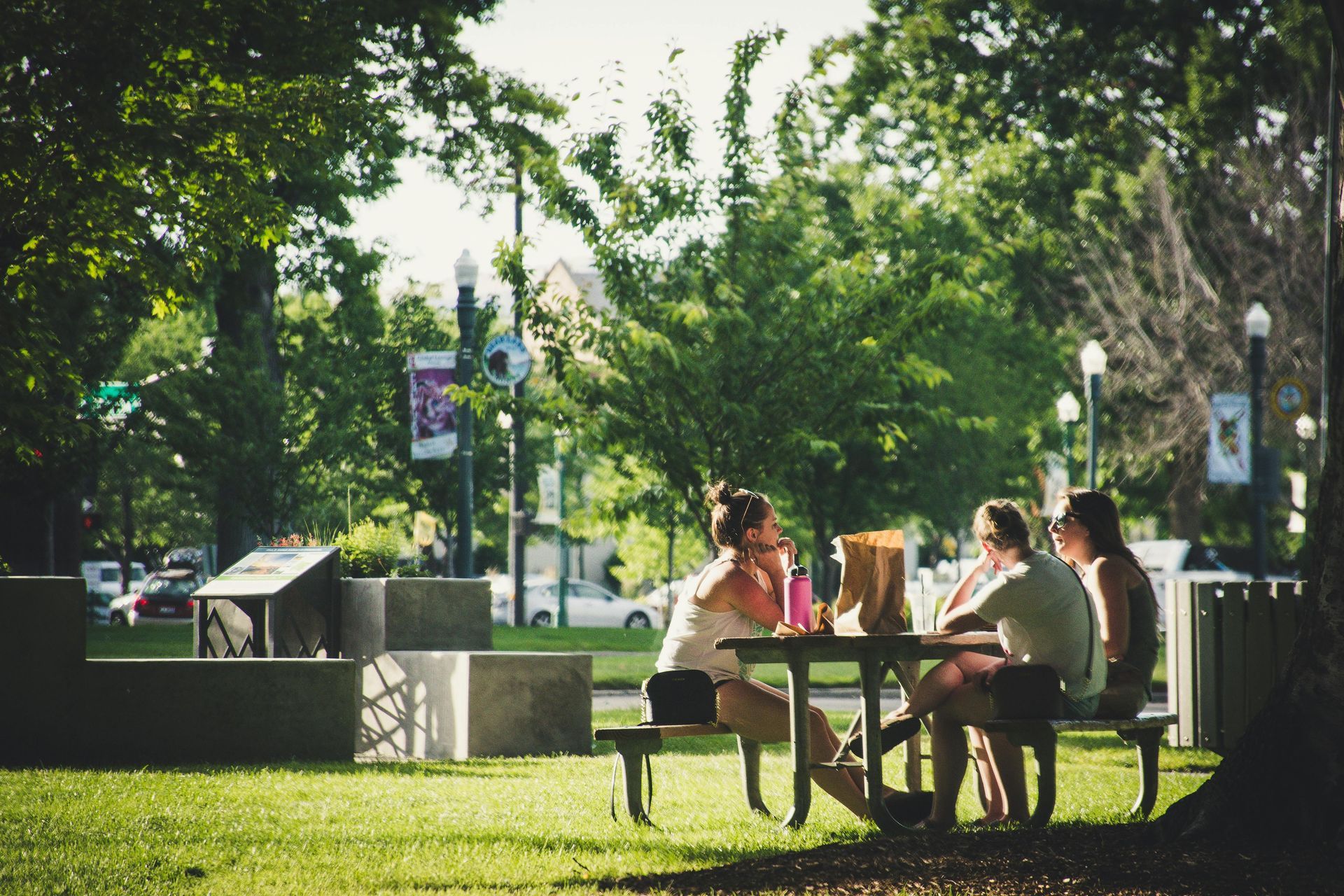A group of people are sitting at a picnic table