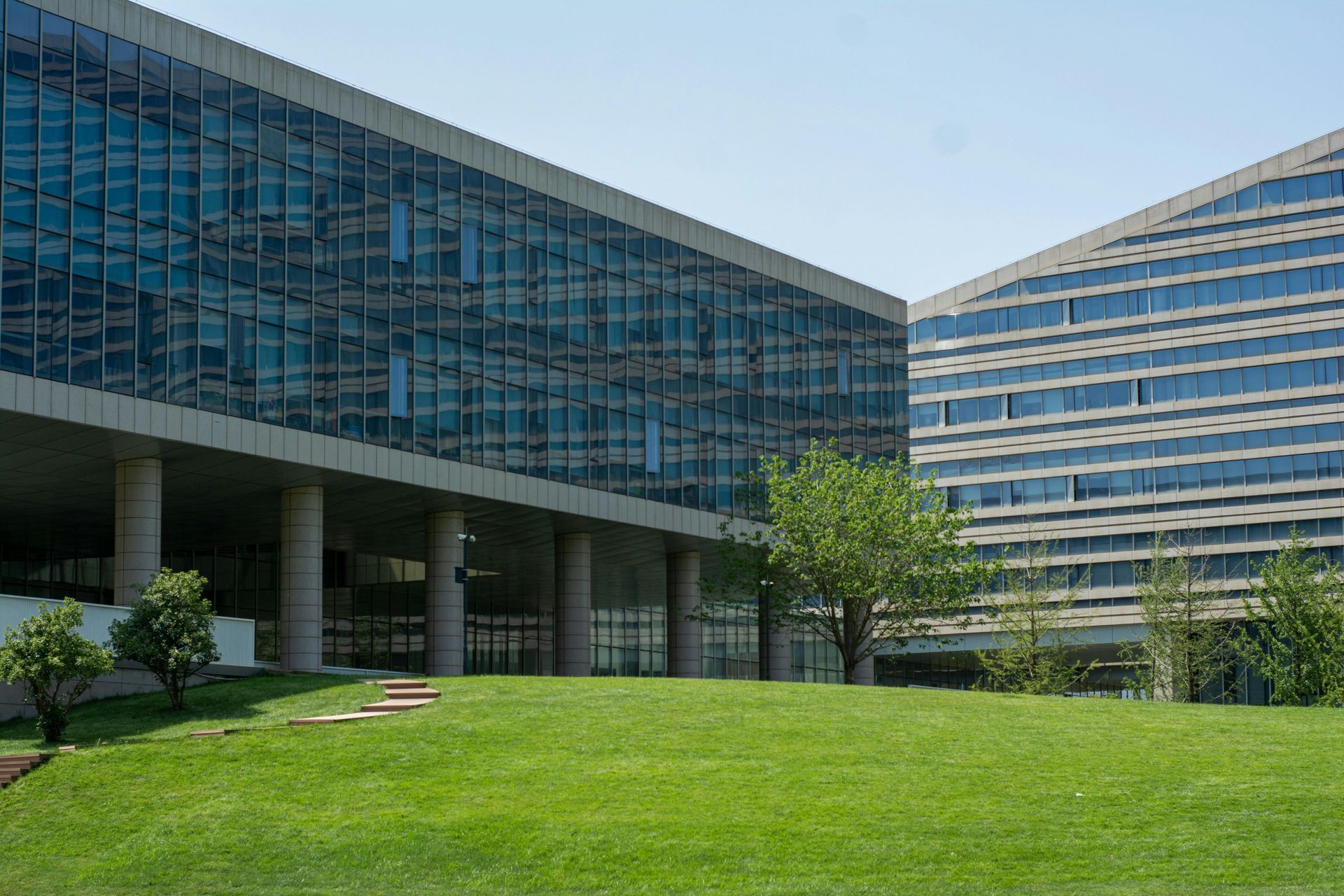 A building with windows and a green lawn in front of it