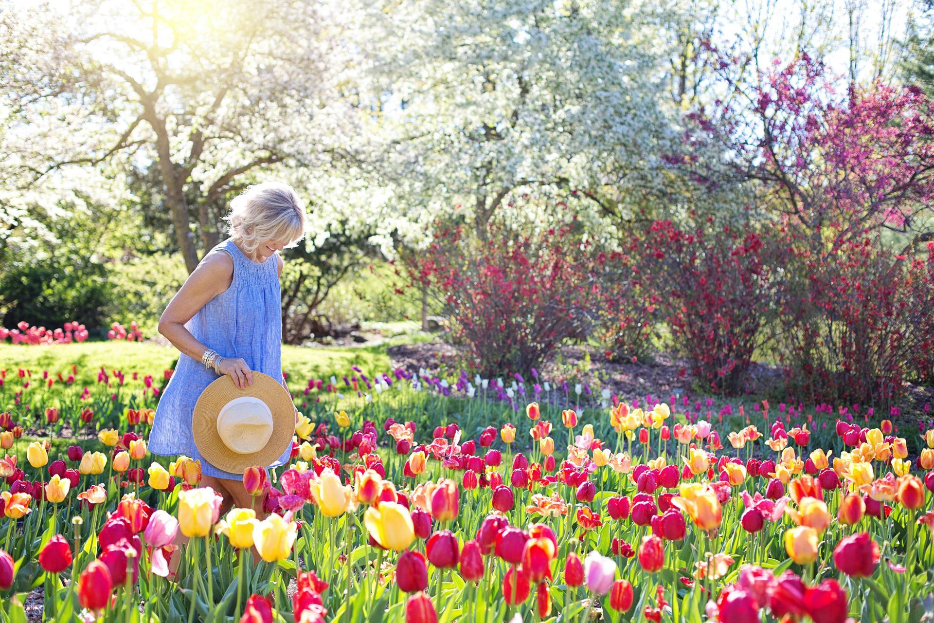 A woman in a dress is standing in a field of flowers.
