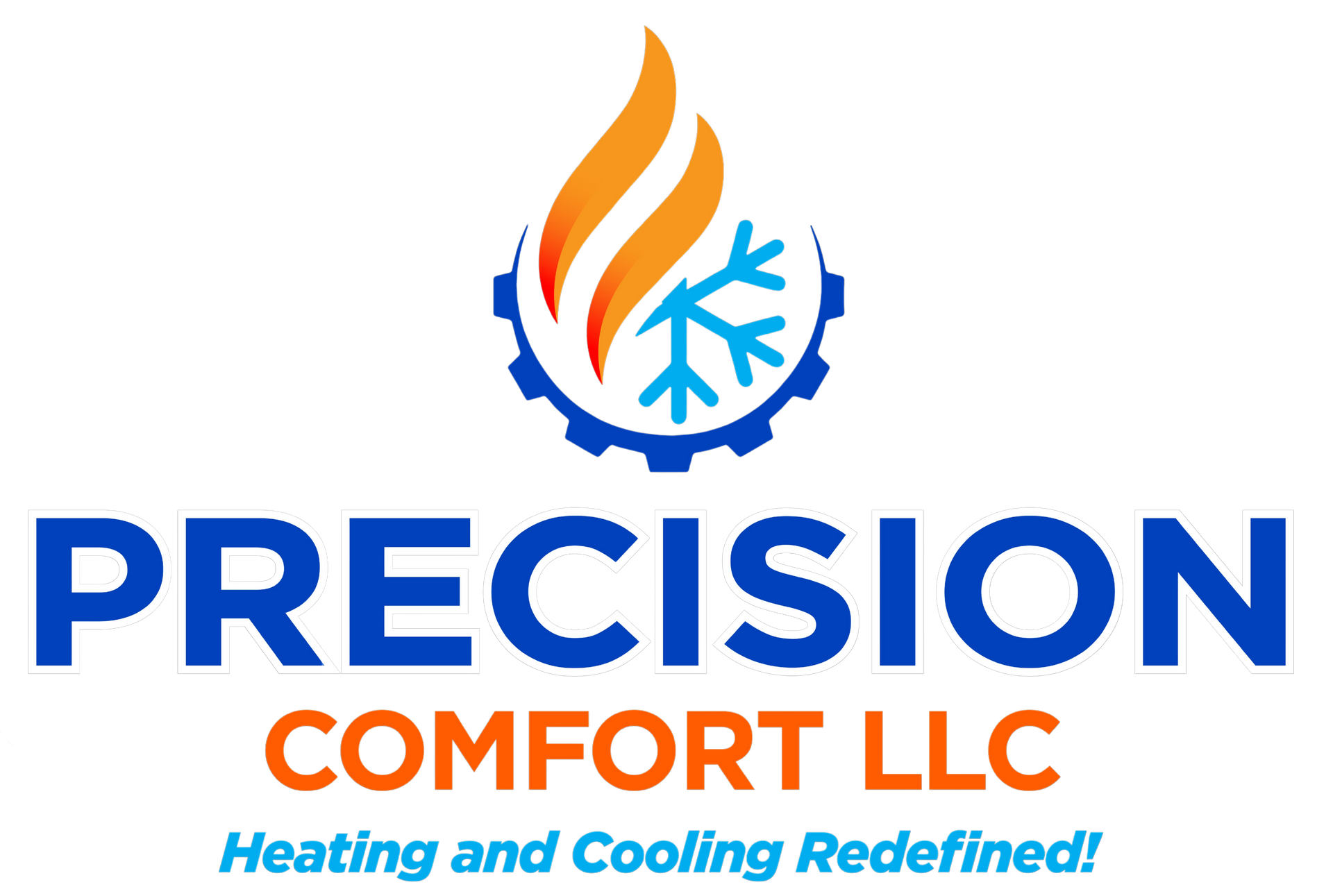 Precision Comfort LLC logo with blue flame and snowflake, orange “Comfort,” and “Heating and Cooling Redefined!”